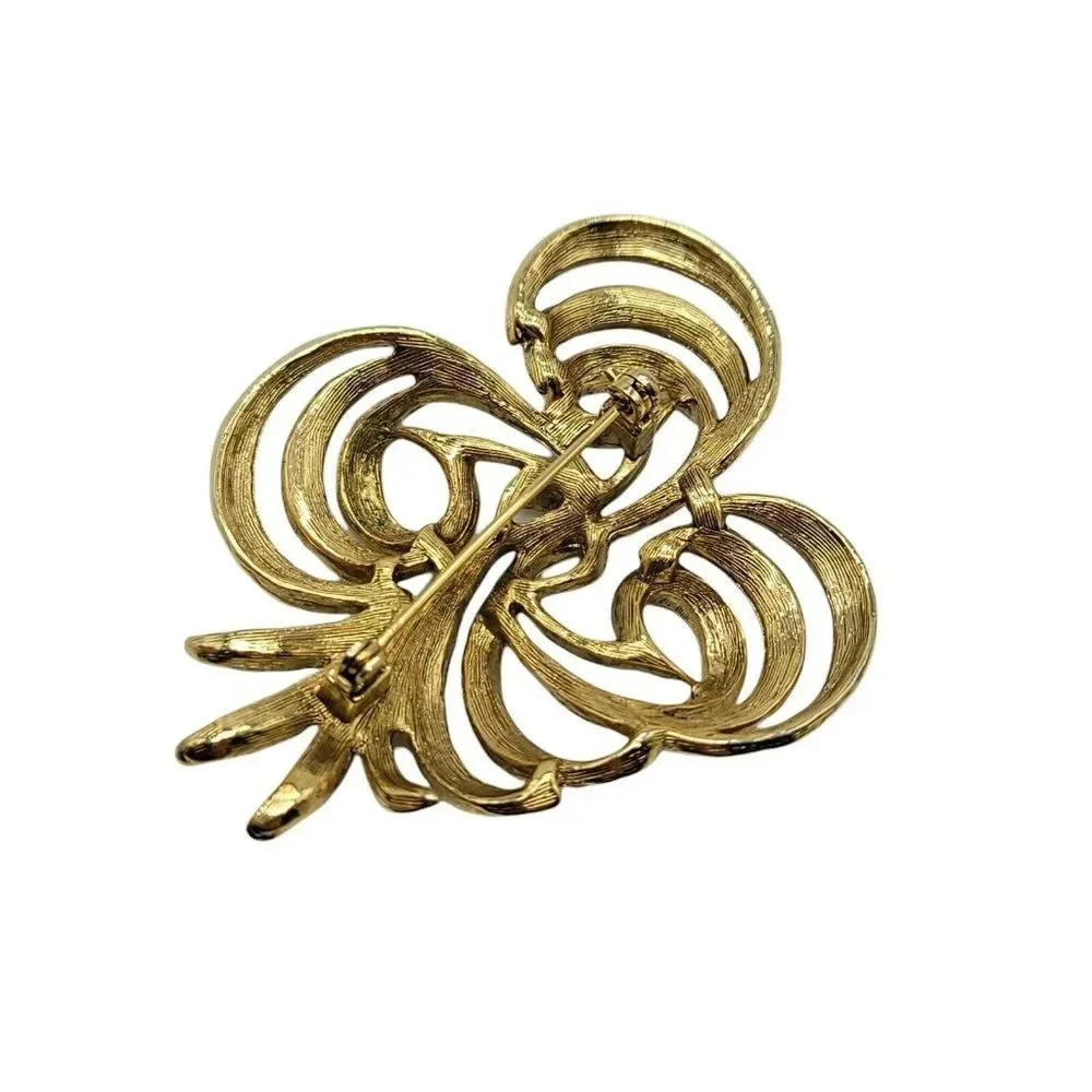 Mid Century Abstract Large Gold Tone Swirl Leaf Vintage Brooch 2.75